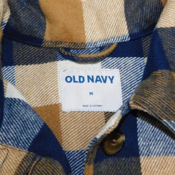 Old Navy Coat Womens Size M Brown Blue Plaid Shacket Button Up Soft Fuzzy Jacket - Picture 2 of 8